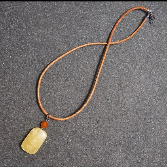 Rectangle Yellow Natural Gemstone Pendant 16" Leather Necklace Sterling Clasp - Picture 1 of 6